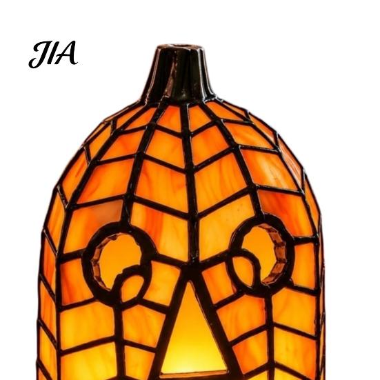 Collectable Artistic Lamp Stained Glass Pumpkin Lamp, Halloween Fall Table with Warm Glow, Decorative Shelf Display USB Powered Resin Orange