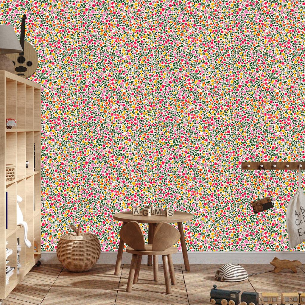 Wallpaper Small Flowers Beige, Green and Coral for Living Room and Bedroom 50x1000