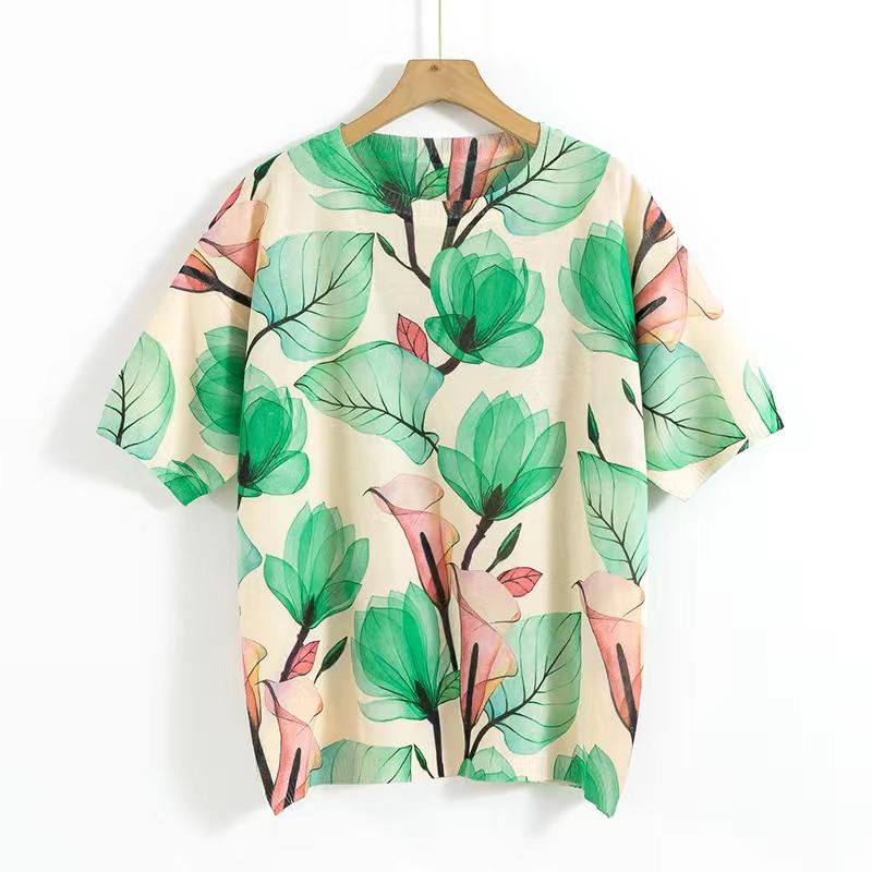 Вязаные топы с короткими рукавами Весенние трикотажные пуловеры с цветочным принтом Женская повседневная футболка с круглым вырезом