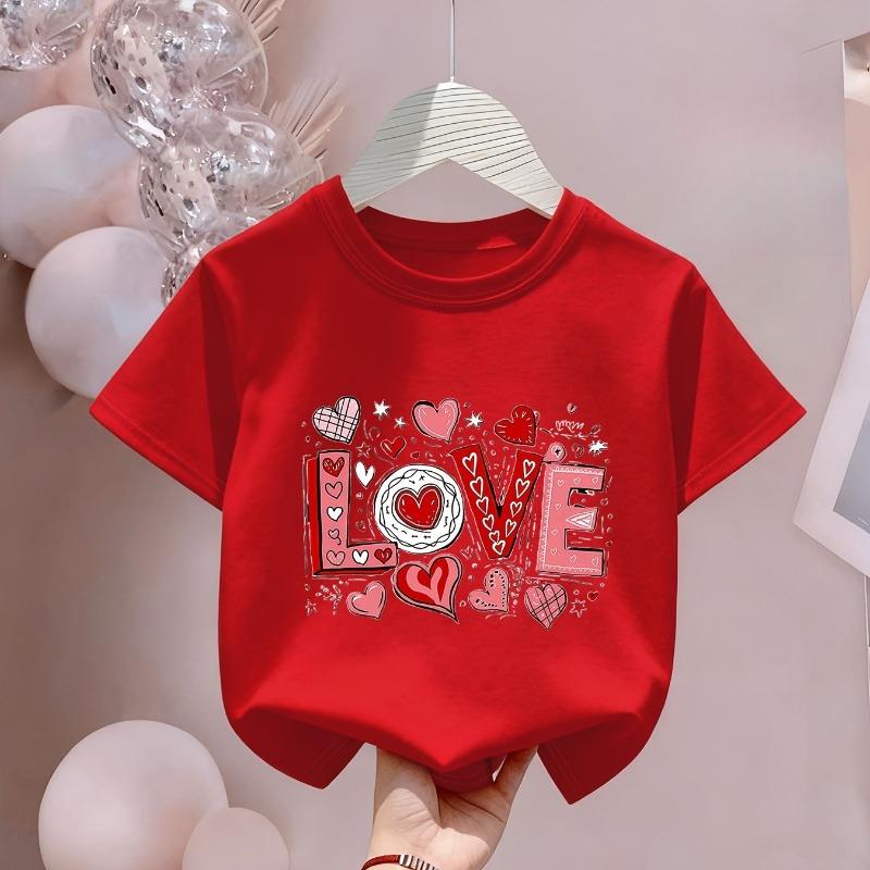 Kids Crewneck Short Sleeve Tee, Happy Valentine's Day Heart Letter Cartoon Print, Breathable Cool Spring Summer Casual Top