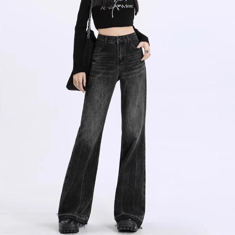 Denim micro-pull pants women's large size slim-fitting retro high-waisted straight-leg horseshoe pants fat mm design burrs horn long pants