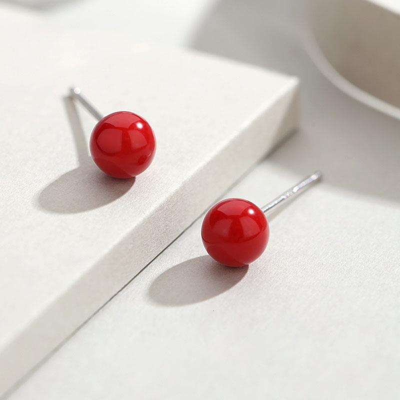 4mm 6mm 8mm 14mm Red Color Round Imitation Pearl Stud Earring for Women Elegant Romantic Temperament Jewelry Accessories Gift