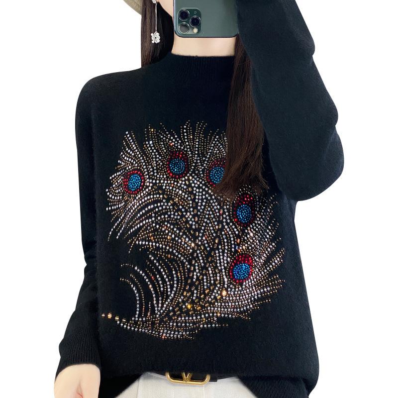 Feather Drill Half High Neck Pullover Sweater Female Fall and Winter Fashion Within The Loose Thin Knitted Bottoming Shirt