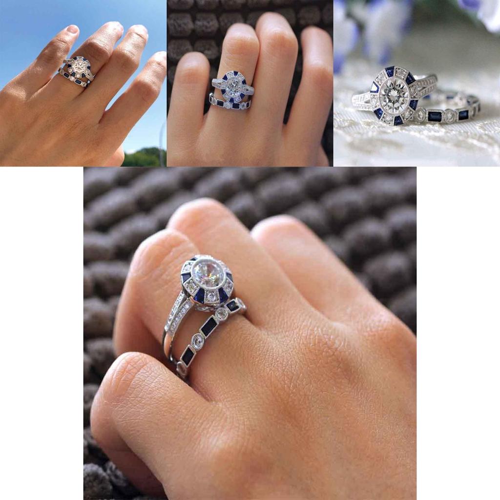 Stunning Geometry-inspired Silver Plated Blue Sapphire And Topaz Wedding Ring Set