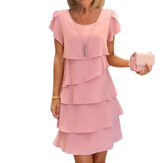 Женское шифоновое платье с оборками по краю, круглым вырезом, короткими рукавами, многослойным дизайном, летнее платье миди, повседневная одежда