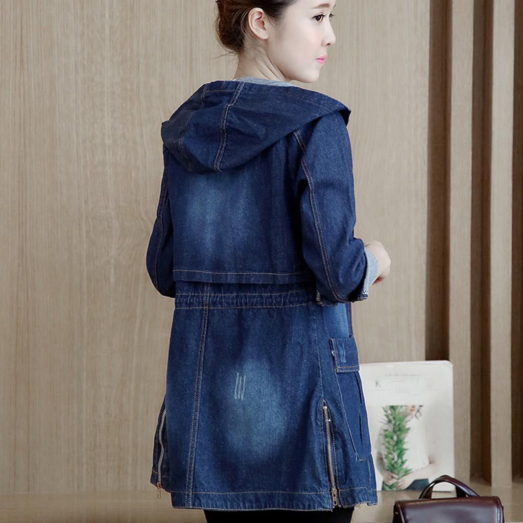 Модные женские джинсы Топ джинсовая блузка с капюшоном с длинным рукавом свободное пальто