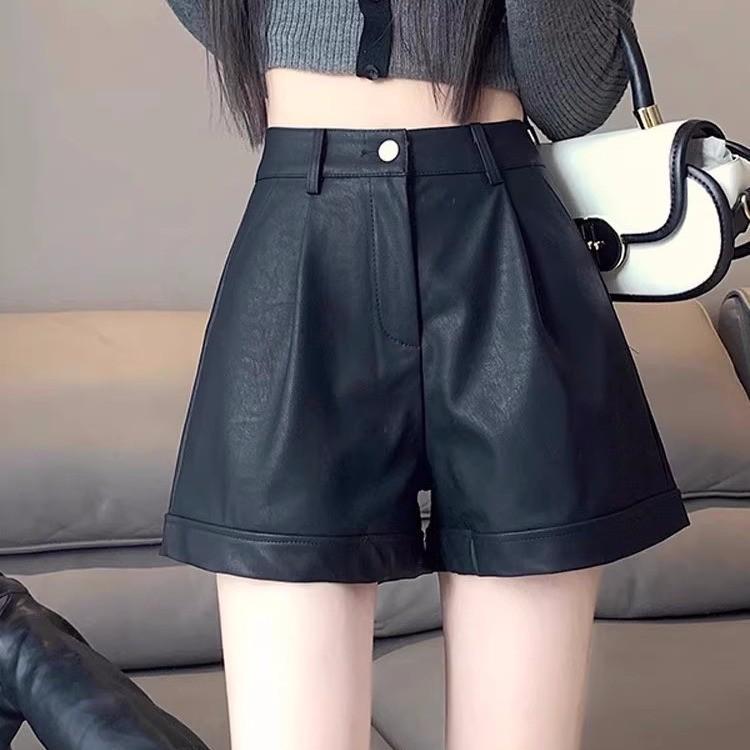 Women's High Waist PU Leather Shorts: Slim, Casual, Wide-Leg Design for Spring, Autumn, and Winter.