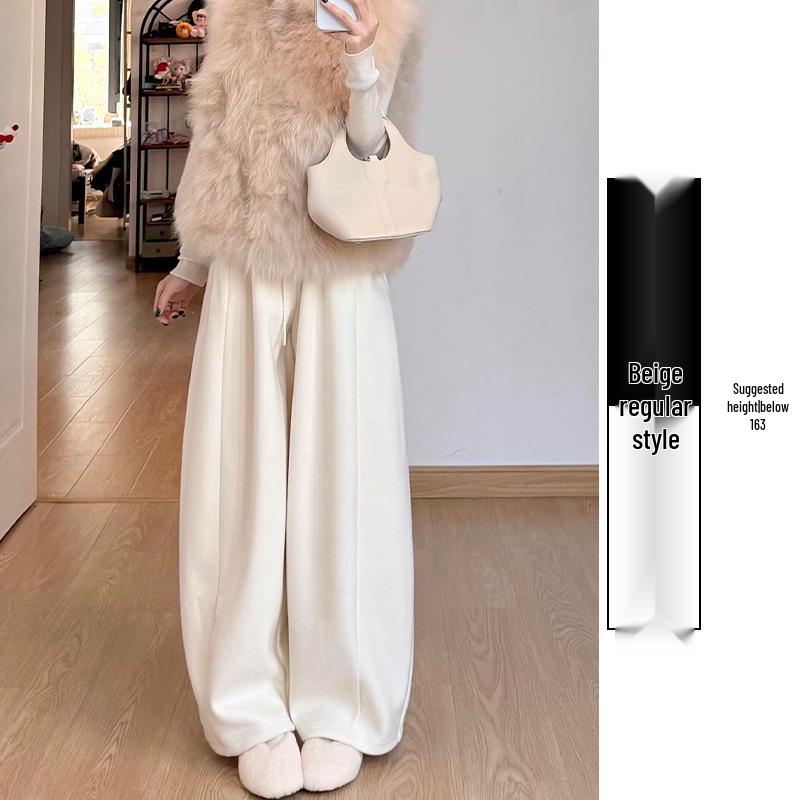 Женские штаны-палаццо из флиса, цвет клейкий рис (off-white), с высокой талией, свободного кроя, стройнящие, для миниатюрных, Осень/Зима.