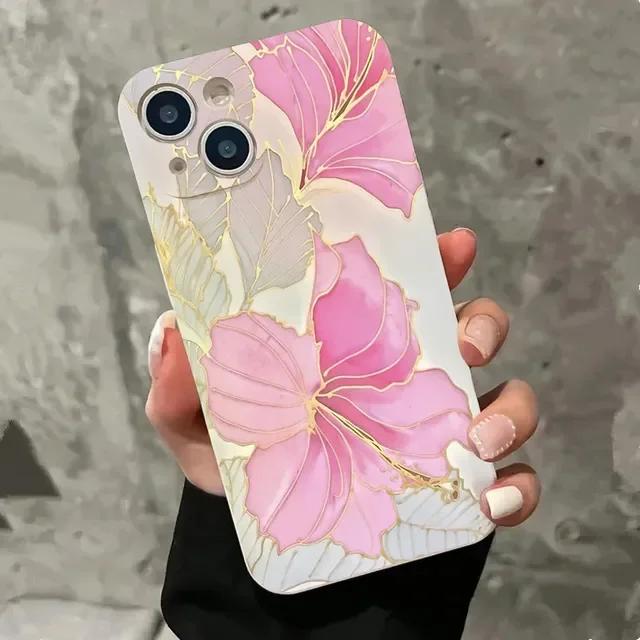 Luxury Pink Flower Phone Case For iPhone 16 15 14 13 12 11 Pro Max Mini X XS XR SE 7 Plus Shockproof Silicone Soft Cover Fundas