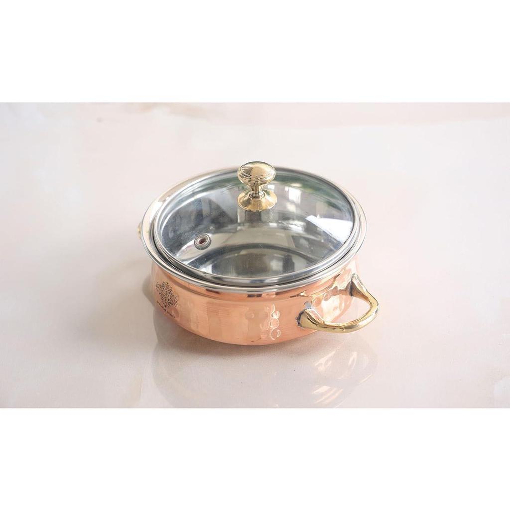 Steel Copper Handi with Brass Handle & Glass Lid No. 3, Serveware Casserole with Handle (Volume - 700 Ml)