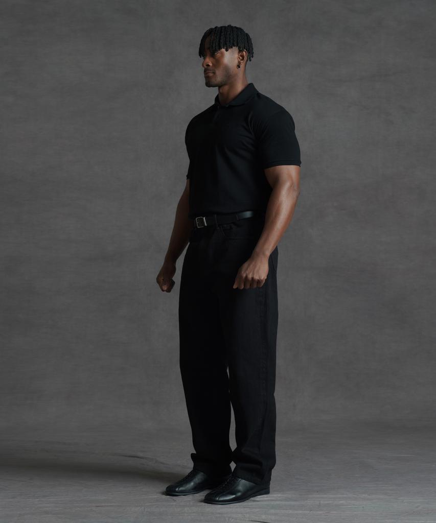 PHERMENON Muscle Fit Lettering Plain Collared T-Shirt - Black