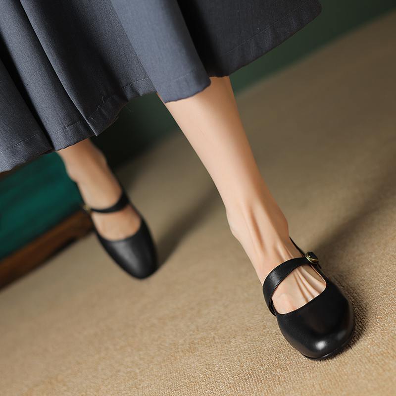 Осенние туфли из коровьей кожи с круглым носком на толстом среднем каблуке, однотонные женские туфли Мэри Джейн