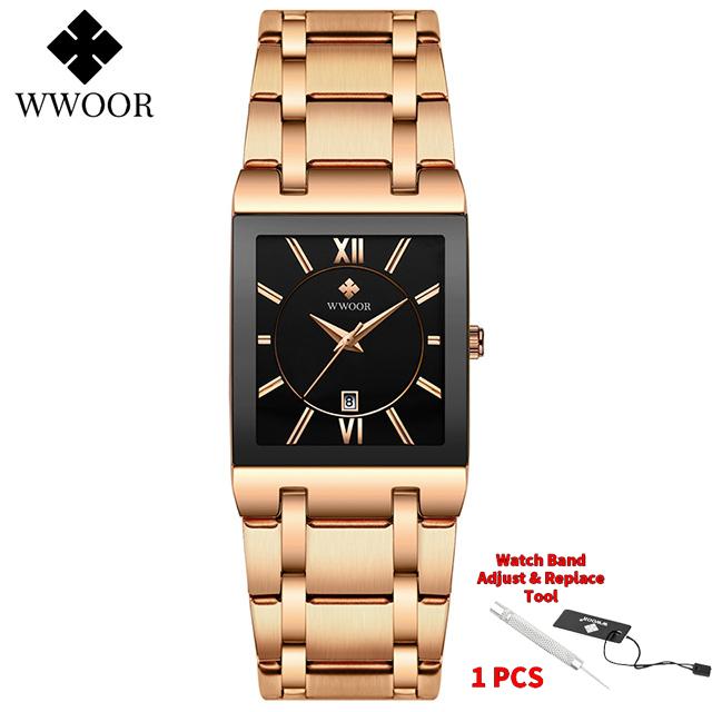 Fashion Stainless Steel Watches Men WWOOR Square Waterproof Quartz Watch Men Top Brand Luxury Gold Black Wristwatch For Man