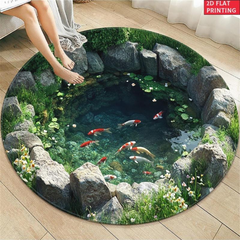 3D Natural Stone Pond Koi Fish Round Rug, Clear Water Lotus Wild Flower Print Floor Mat for Living Room Sofa Balcony Indoor Home