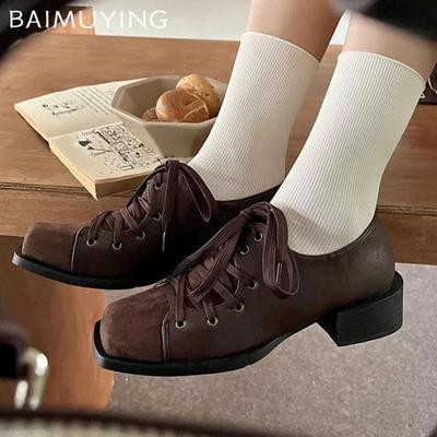 Женские ботильоны с массивным квадратным носком, элегантные туфли на шнуровке и среднем каблуке, тренд 2025 года, зимние модные туфли-лодочки в готическом стиле, дизайнерские туфли Botas De Mujer