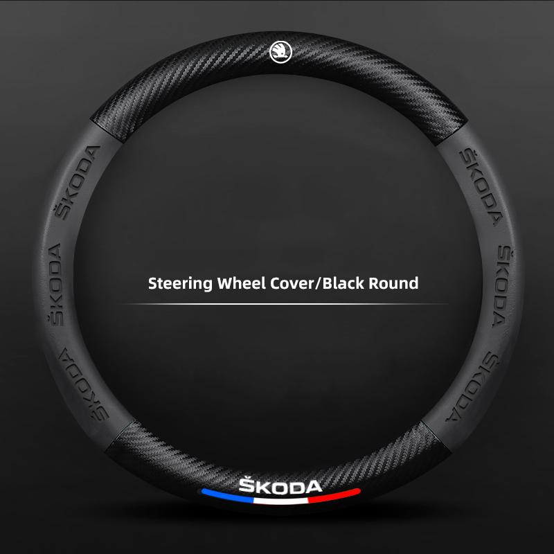 HIAQ2 Car Steering Wheel Cover Carbon Fiber Pattern Accessories For Skoda Superb Octavia Rapid Kodiaq Kamiq Fabia Enyaq iV Scala Karoq