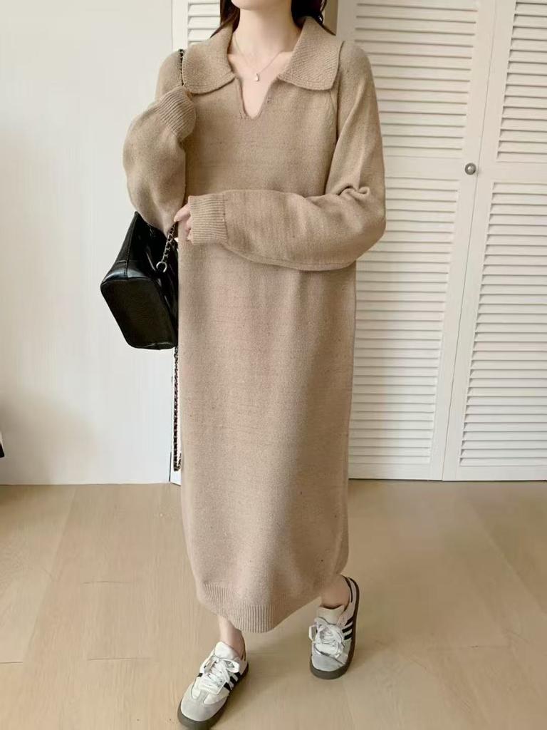 Длинное вязаное платье для женской осени и зимы, новое, свободное и ленивое, с воротником поло, с подкладкой-пальто, платье-свитер для женщин