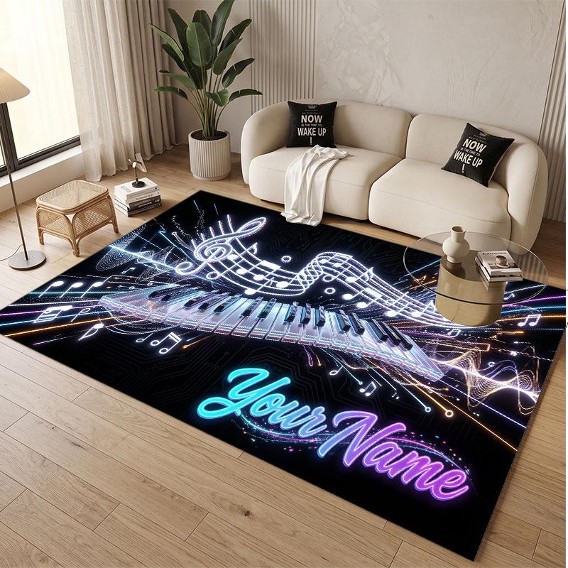 Music Piano Theme Soft Crystal Velvet Rug Custom Name & Text Print Non Slip Floor Rug for Bedroom Living Room