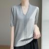 Summer Women's Silk Knit Sweater Short Sleeve V-neck Diamond Knitted Sweater Loose Knit T Shirt Top