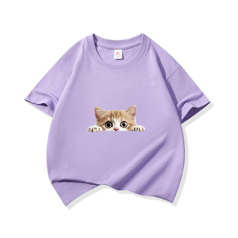 Kids Cotton T Shirt Peeking Orange Kitten Cat Print Crew Neck Short Sleeve Tee Casual Breathable Boys Girls Summer Tops