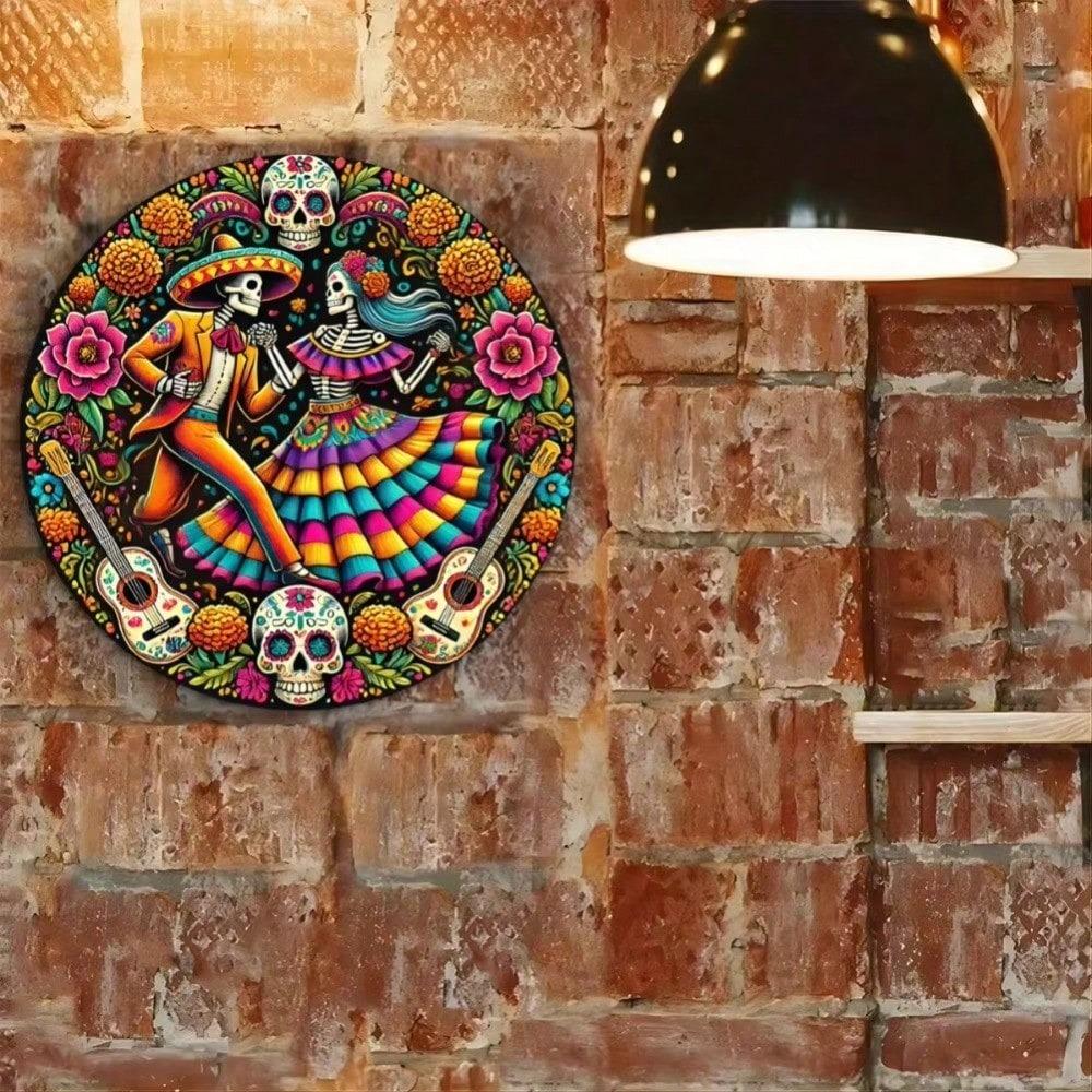 Mexican Folk Art Sugar Skull Iron Sign Vibrant Floral Skeleton Wall Decor
