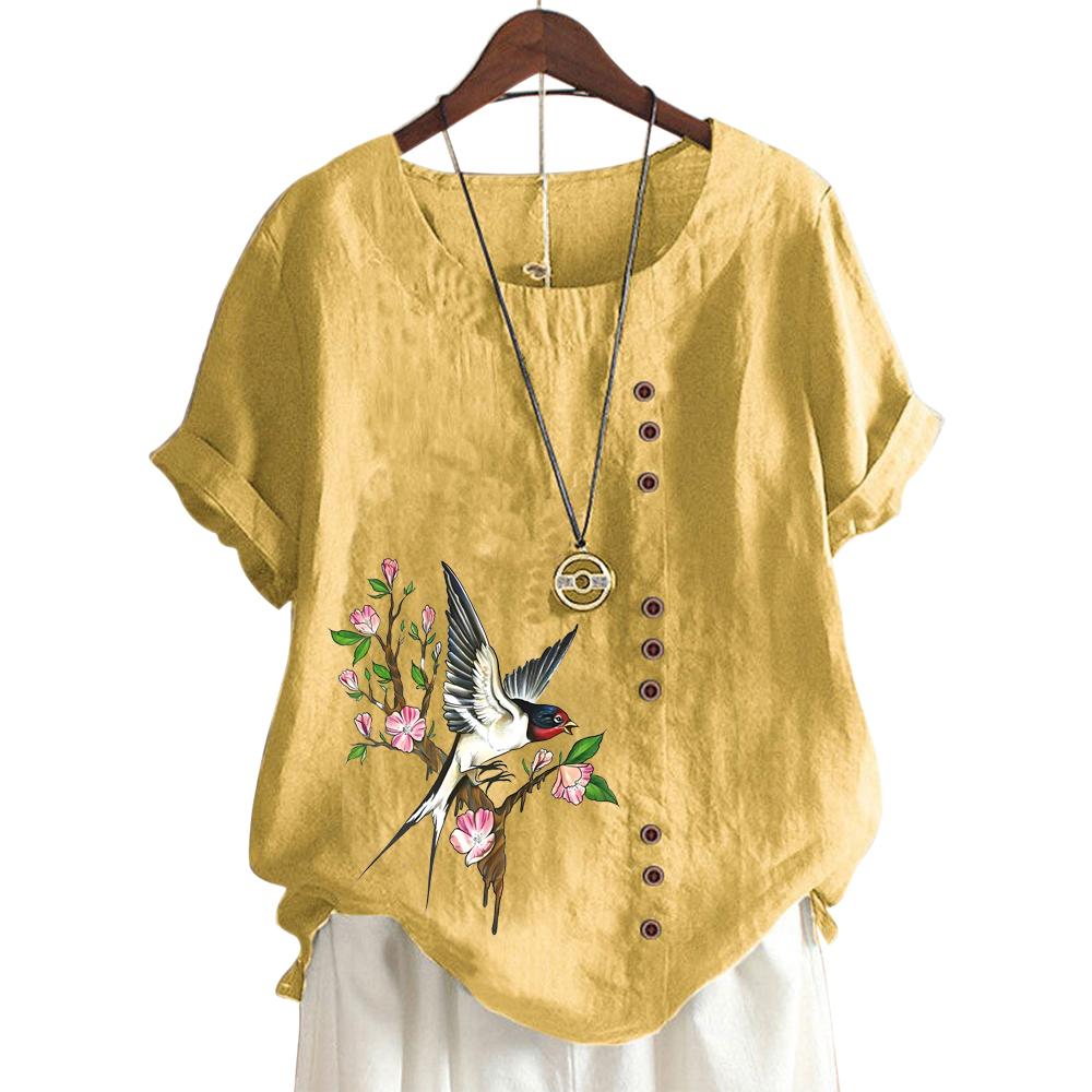 Ladies' Round Neck Short Sleeve Top with 11 Colorful Floral Designs