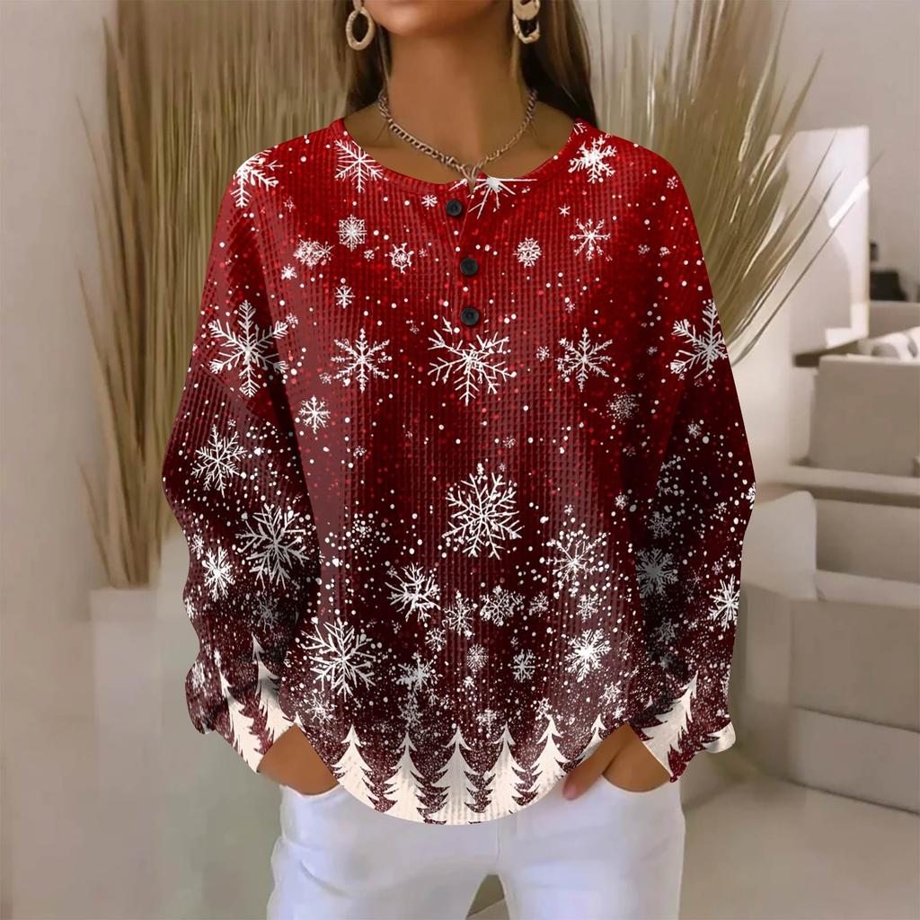 Women's Fashionable Casual Christmas Print V-Neck Long-Sleeved Button-Down Blouse
