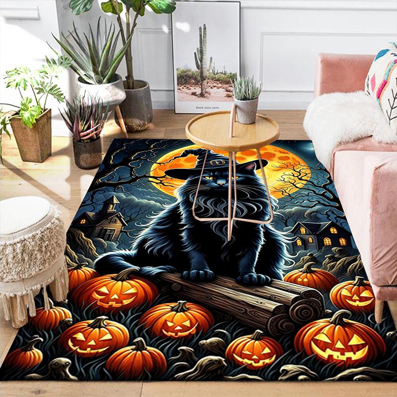 1Pc Halloween Cat Pumpkins Rug, Office Carpet Indoor Outdoor Doormat, Non-Slip Soft, Living Room, Christmas Halloween Gift. Em92810