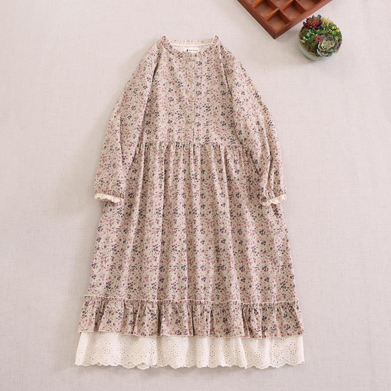 Японское платье с принтом Mori Girl Art, красивое весеннее женское платье из хлопка и льна, новое цветочное платье, свободное платье с длинными рукавами, платье-миди