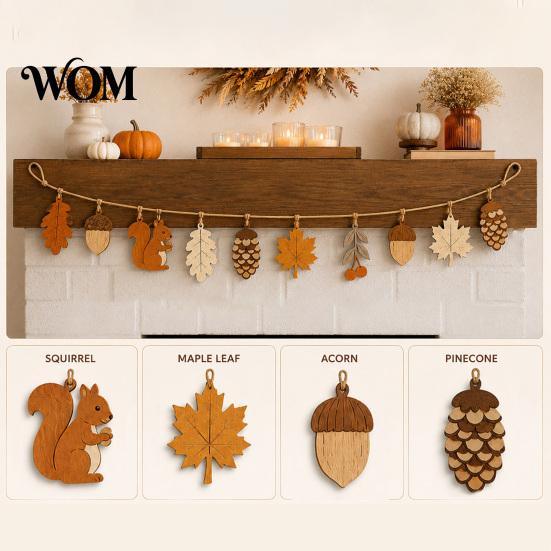 Tactile Wooden Wall Art Fall Garland Decor, Rustic Autumn Hanging Ornament with Squirrel Boho Home Decoration Maple Leaf Pinecone Harvest Thanksgiving