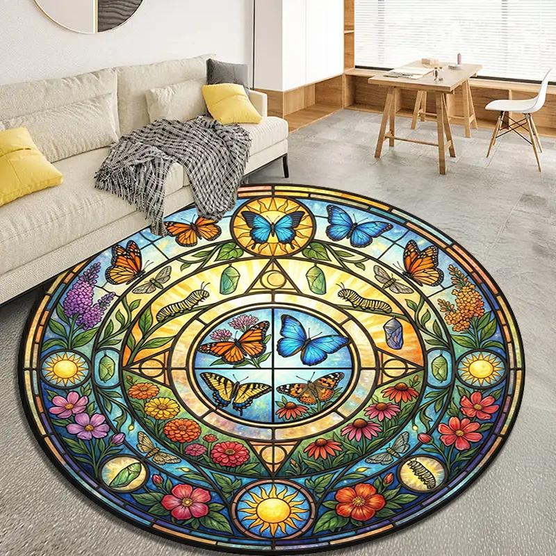 Retro Butterfly Round Area Rug,Carpet Rug for Living Room Bedroom Sofa Playroom Decor,Non-slip Floor Mat113