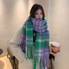 Winter Thickened Mohair Scarf for Women Rainbow Plaid Tassel Shawl Student Versatile Warm Scarf Trendy and Warm