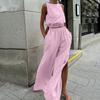 Spring Summer Casual Sleeveless Cotton Linen Suit O-neck Pullover & Split Pant Outfits Women Elegant Elastic Waist Solid Loose 2Pc Set