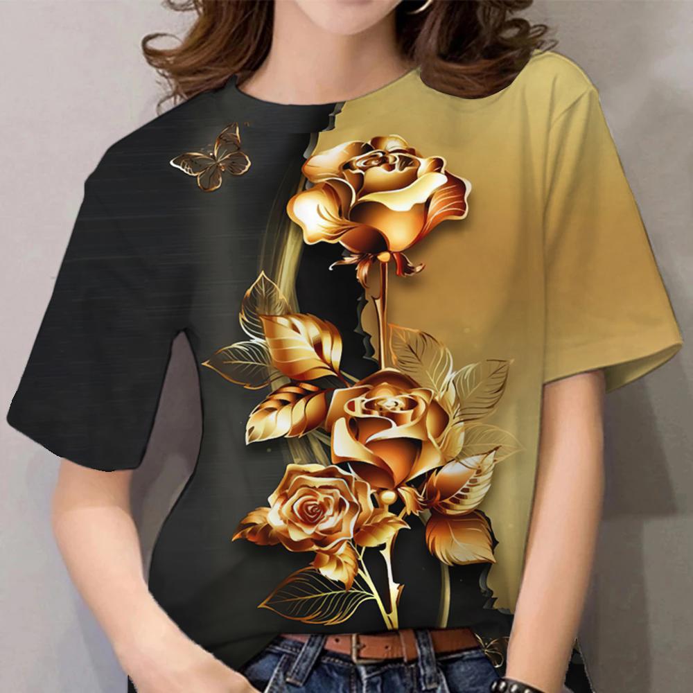 Luxury Women's T Shirt Floral Print Harajuku Clothes O Neck Casual Short Sleeve Tees Daily Y2k Blouse Oversized Tops