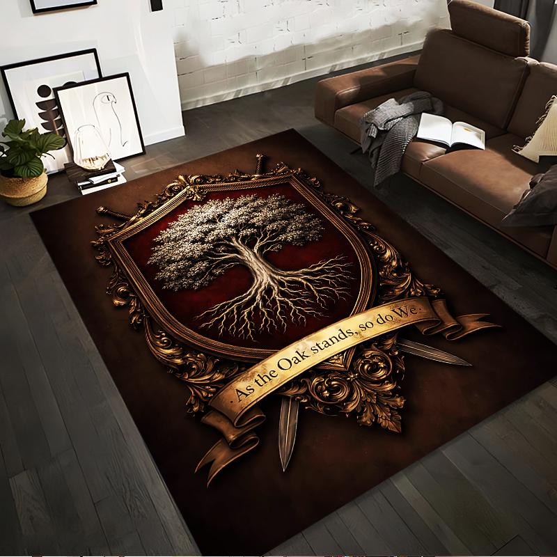 "Tree of Life Crest Print Carpet with Banner 'As the Oak Stands'" Suitable for use as an anti-slip for living room bedroom sofas