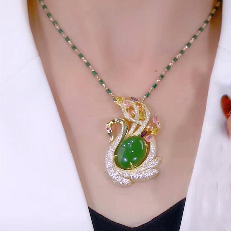 New pendant jasper swan opal full diamond necklace women's fashion collarbone chain versatile clothing pendant