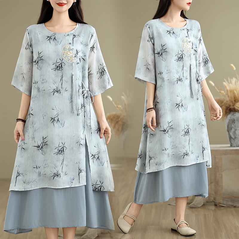 DIMANAF 2025 Летнее Женское Платье Большого Размера Свободное Цветочное Платье Шифон Элегантное Базовое Винтажное Повседневное Макси Платье