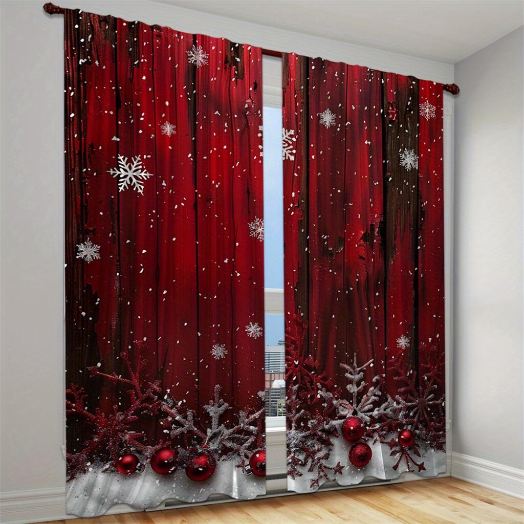 Christmas Ball Stars Decorated Curtain Red Holiday Ribbon Curtain a Set of Two, Home Living Room Bedroom Kitchen Shade Curtain