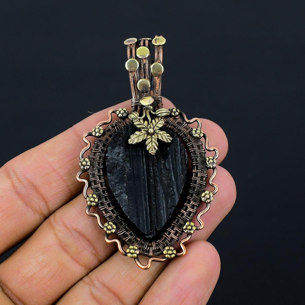 Черный турмалин, грубый драгоценный камень, медная проволока, подвеска ручной работы, ювелирный подарок для любви
