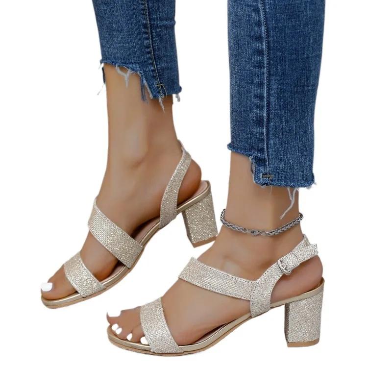 Shoes for Women 2024 Brand Summer Women's Sandals One-word Buckle Solid Open Toe High Heels Daily Work Dress Sandals Women