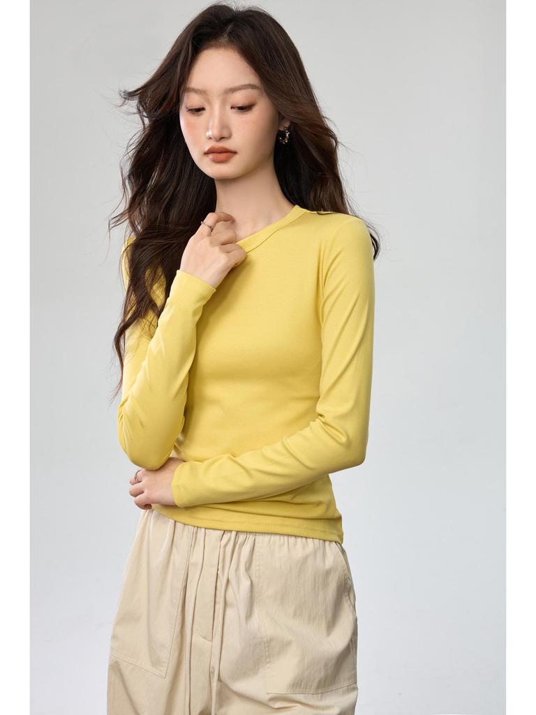 Женская футболка с длинным рукавом Осень 2025: Гребенной хлопок, Универсальный дизайн с открытой строчкой, Простой круглый вырез.