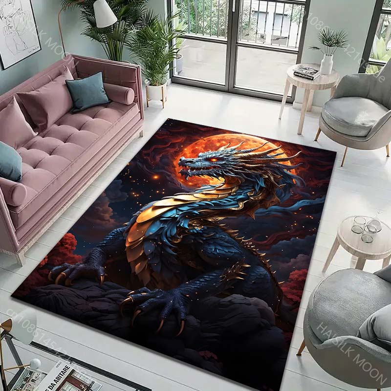 Multiple sizes Blue dragon with full moon Print Carpet Rug for Living Room Bedroom Sofa Doormat Home Decor Non-slip Floor Mat
