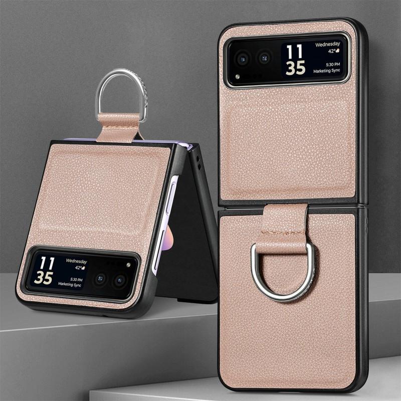 PU Leather Flip Phone Case With Texture Ring Stand Motorola Razr 40 Ultra 50 60 Full Coverage