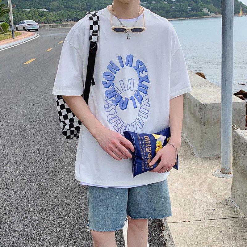 2024 Summer Short Sleeved T-Shirt For Men'S Trendy Five Inch Sleeve Versatile Casual Loose Student Half Sleeved T-Shirt Daily Fashion Printed Top