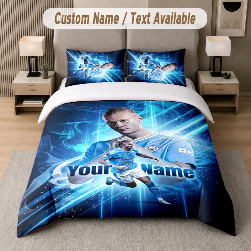 Custom Bedding Set Erling Haaland Pattern, Print Name Text 1 Duvet Cover plus 2 Pillowcases Home Textile
