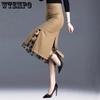 Women Spring Summer Irregular Mesh Skirt Band Splice High Waist Skirt Knee Khaki Split Office Lady Skirt