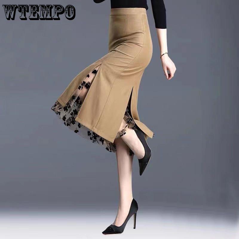 Women Spring Summer Irregular Mesh Skirt Band Splice High Waist Skirt Knee Khaki Split Office Lady Skirt