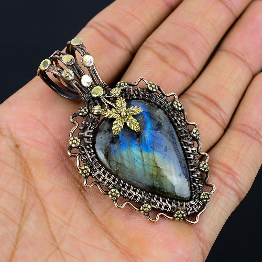 Labradorite Gemstone Copper Wire Wrap Handmade Beautiful Pendant Jewelry Gift For Love