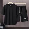 Mens Korean Fashion Waffle Two Piece Set Summer Short Sleeve T-Shirt and Shorts Loose Sets Mens Track Suits