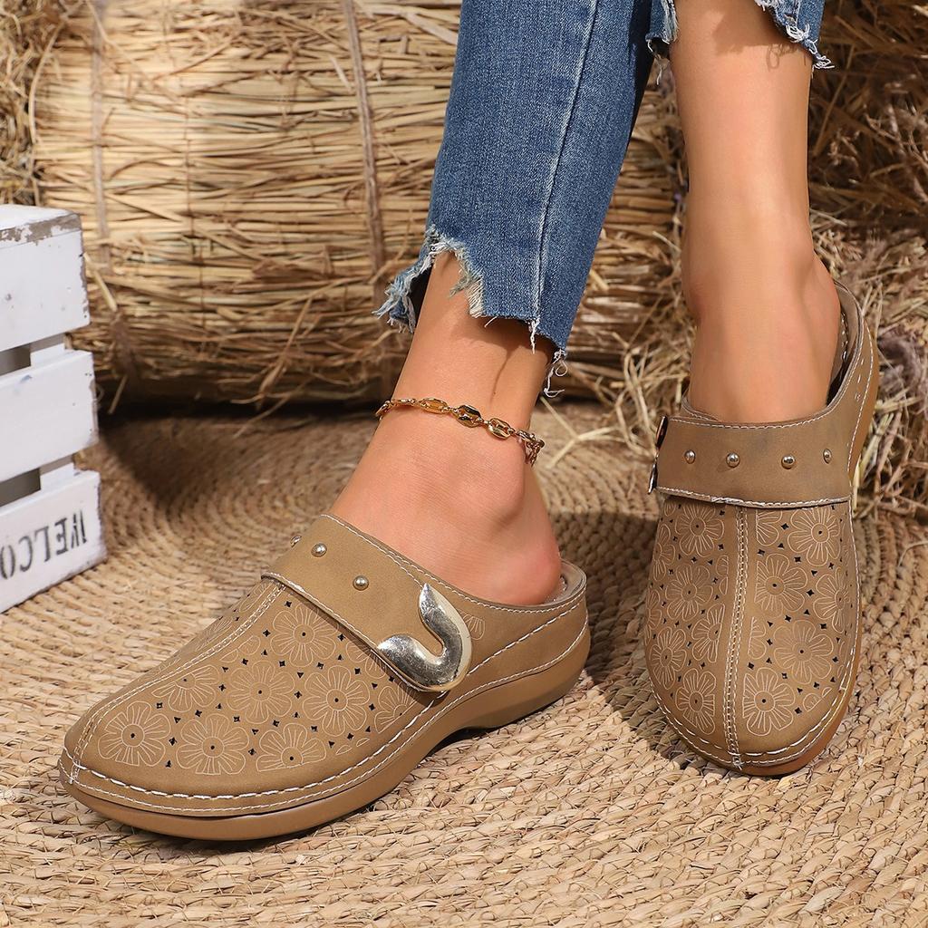 Foreign Trade Large Size 45 Bag Head Flat Bottom Casual Half Slippers Women's 2025 New Solid Color Wedge Metal Buckle Beach Slippers